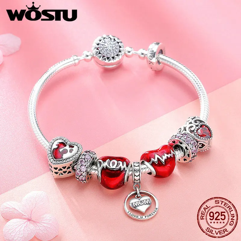 

WOSTU Real 925 Sterling Silver To Mother's Love Heart Charm Bracelet For Women Mother Fashion Brand Jewelry Gift For Mum BKB807