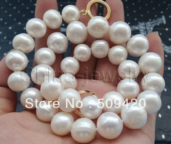 

~~ Free Shipping >>Beautiful 18" 14mm natural white round freshwater pearl necklace-14k gold filled