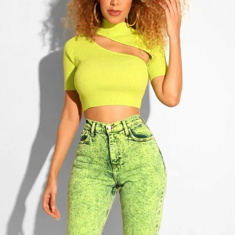 

Hip Cool Women Sexy Front Hole High Neck Summer Tank Tops Vest Blouse Short Sleeve Crop Shirt