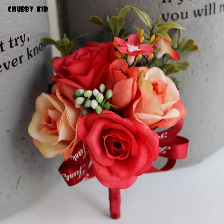 10 шт./лот! Оптовая продажа Hi-Q искусственные розы жениха корсажи Свадебные бутоньерки невесты руки цветок свадебные наручные Цветы красный