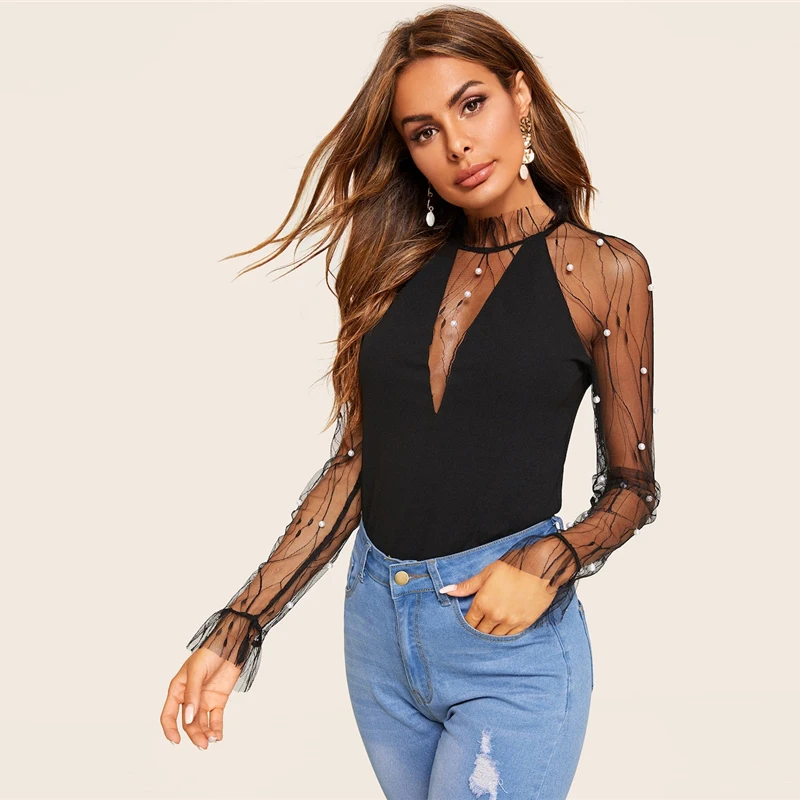 SHEIN Топ С Сетчатыми Вставками И Бусинами, Полупрозрачный Топ С Длинными Рукавами, Нарядный Топ С Декоративной Отделкой