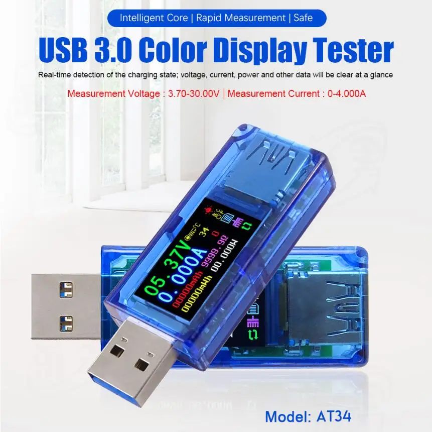

AT34 USB 3.0 Color LCD Display Multimeter Voltmeter Ammeter Voltage Current Meter USB Capacity Tester Battery Charge Power Meter