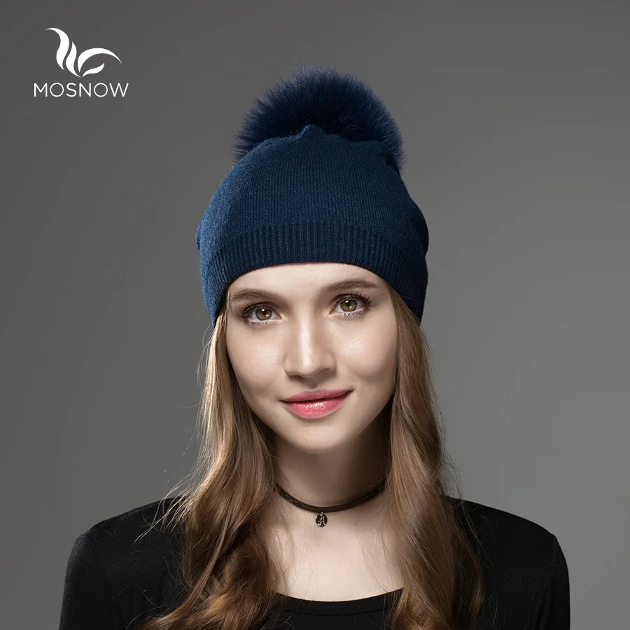 Navy Blue Шапка женская из шерсти помпон лисьего меха и меха енота теплая вязаная Повседневная Высококачественная мода зимние шапки вязаные шапки шапочки - Цвет: Navy Blue