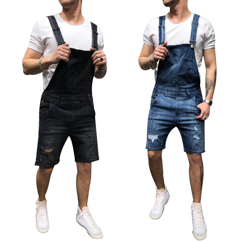 

2Color Bib Overalls Denim Men Bib Pants Blue Spring Hole Men Short Jean Summer Fashion Jeans For Men Denim Pants Size S-XXXL D20
