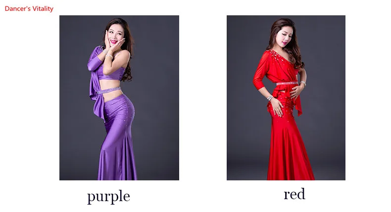 Новая одежда для танца живота, женский жилет из спандекса+ топ с одним рукавом+ длинная юбка, 3 предмета, костюм для танца живота, комплект для танцовщицы M L