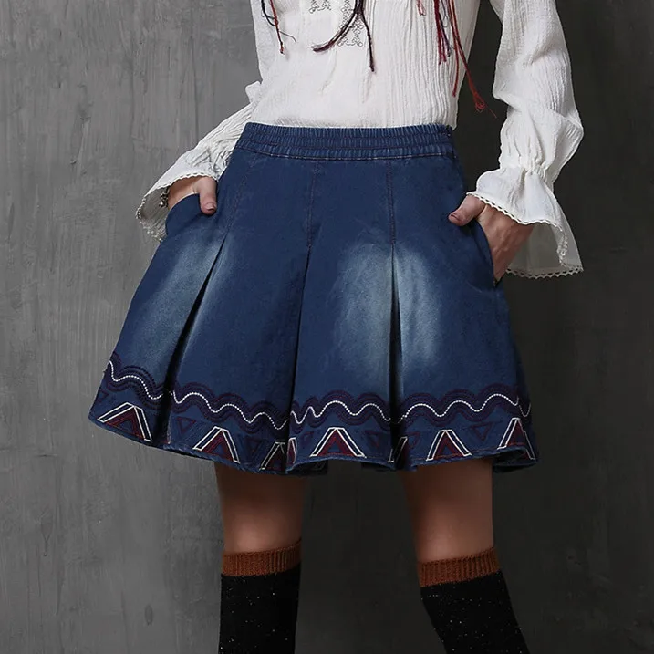 Skirts Womens 2017 SIPAIYA Autumn New Vintage Denim Skirt Washed Embroidery Pleated Stretchy Women Skirts X3516 Saias Feminina