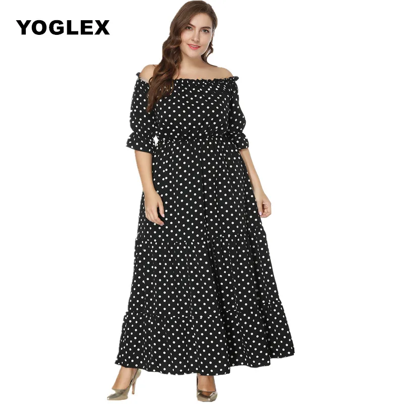 

YOGLEX Plus size Dress XL- XXXXL 5XL 6XL 2018 Spring Summer Short sleeve Bohemia Ruffles Black Dot Beach Maxi Long Dresses