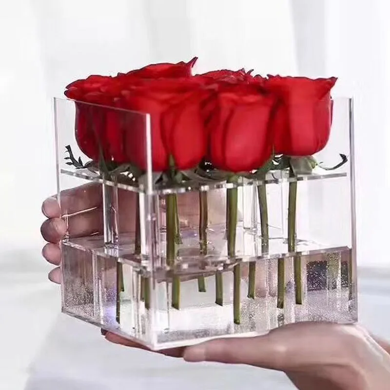 

New Style Acrylic Rose Flower Box Makeup Organizer Cosmetic Tools Holder Flower Gift Box For Girlfriend Wife With Cover