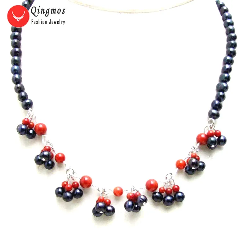 Black and Red Qingmos модное ожерелье из натурального жемчуга и коралловых чокеров для женщин с 5-6 мм черным жемчугом и 3-7 мм розовым кораллом 17 ''ожерелье nec6324 - Окраска металла: Black and Red