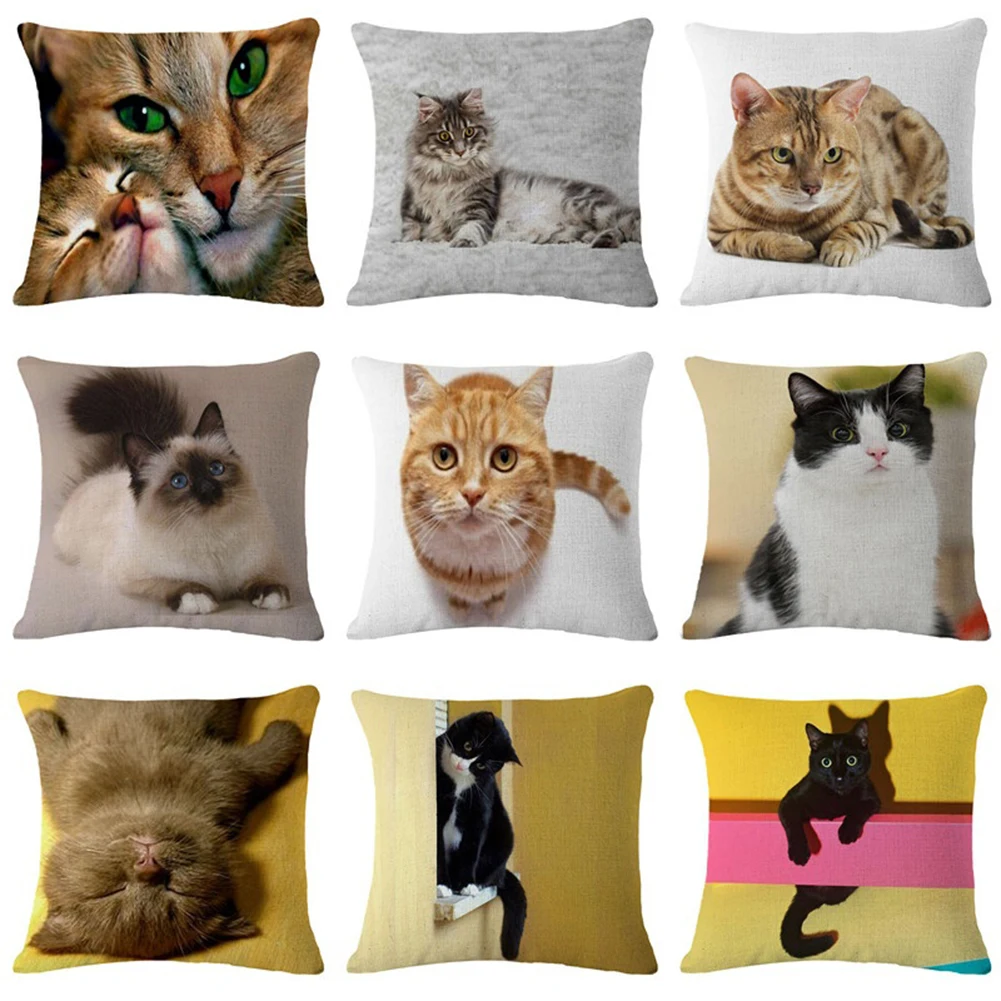

Cute Cat Pattern Linen Throw Pillow Case Bed Home Pillow Cover