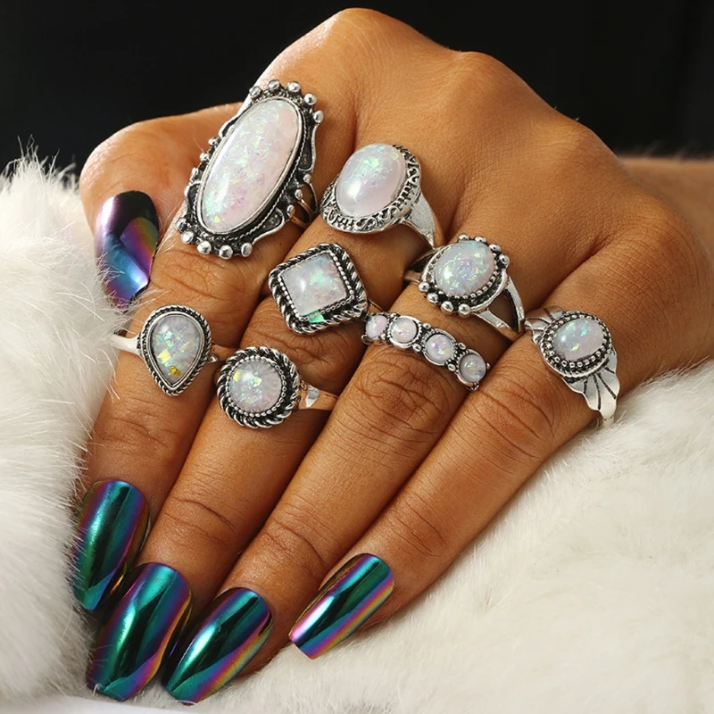 8pcs Boho Opal Stone Finger above Knuckle Band Midi Rings Stacking Ring