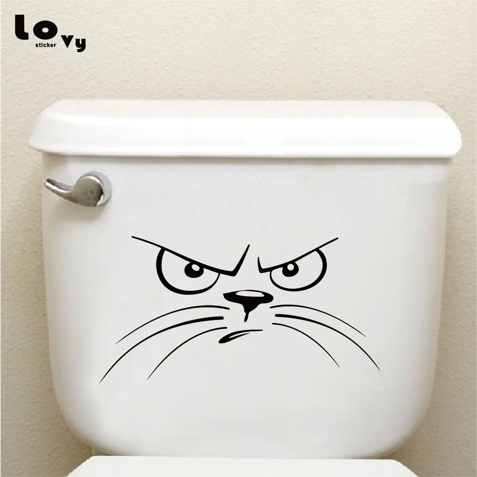 

Angry Cat Face Vinyl Wall Sticker Funny Cartoon Animal Bathroom Toilet Decal Home Decor TS084