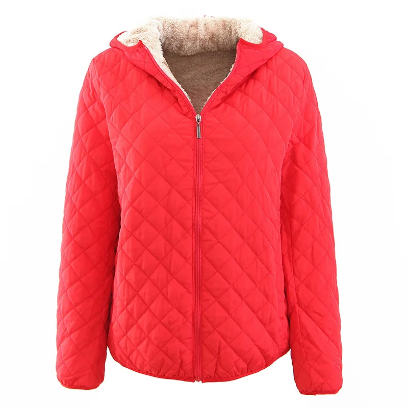 

Winter Commuter Women Cotton Outwear Lady Red Coat Diamond Lattice Harajuku Keep Warm Lamb Velvet Female Hooded Cotton Coat