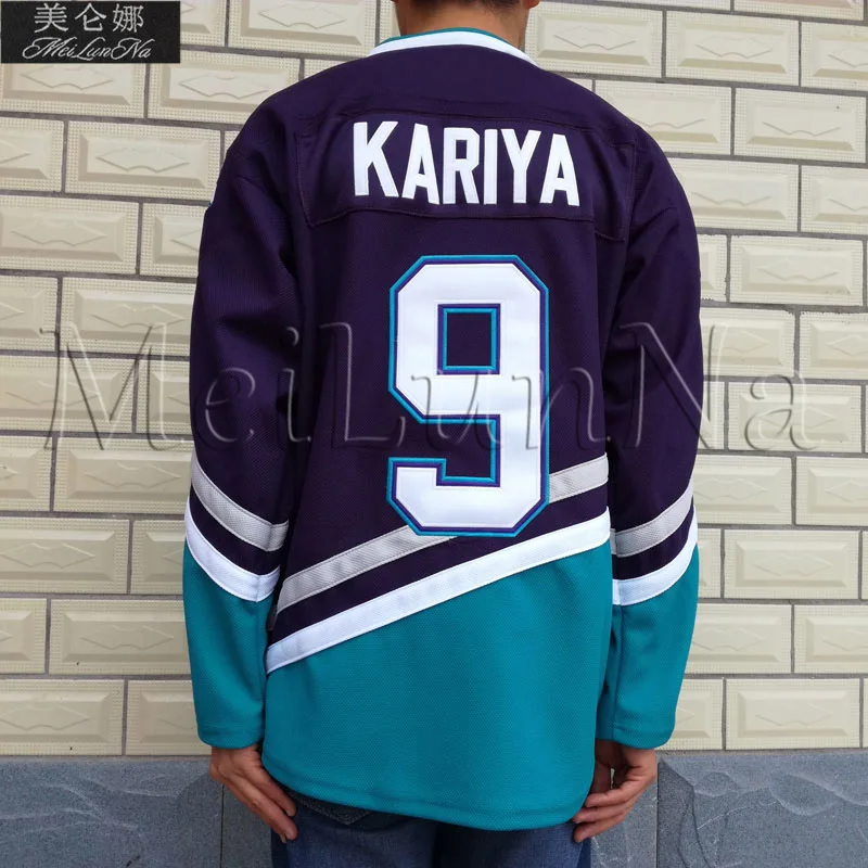 

MeiLunNa Mighty Ducks Movie Ice Hockey Jerseys #9 Paul Kariya Jersey 0901 Purple White Green Blue