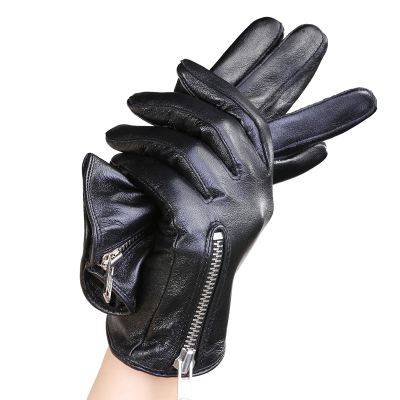 Стильные и Элегантные женские кожаные перчатки из чистой овчины, короткие черные перчатки на молнии с подкладкой из шелка TB48 - Цвет: black