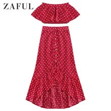 ZAFUL Polka Dot Ruffle Vintage Maxi Dress Flounce Crop Top Summer Strapless Dress Elegant Two Piece Women Set Female Sexy Dress flounce swim dress set