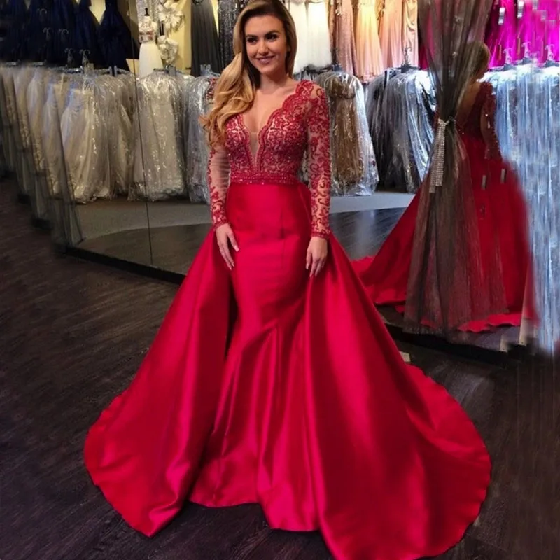 

Gorgeous Long Sleeve Evening Dress Long 2019 Robe de soiree Sexy V Neck Beading Bodice Abendkleider Prom Dresses Custom Made