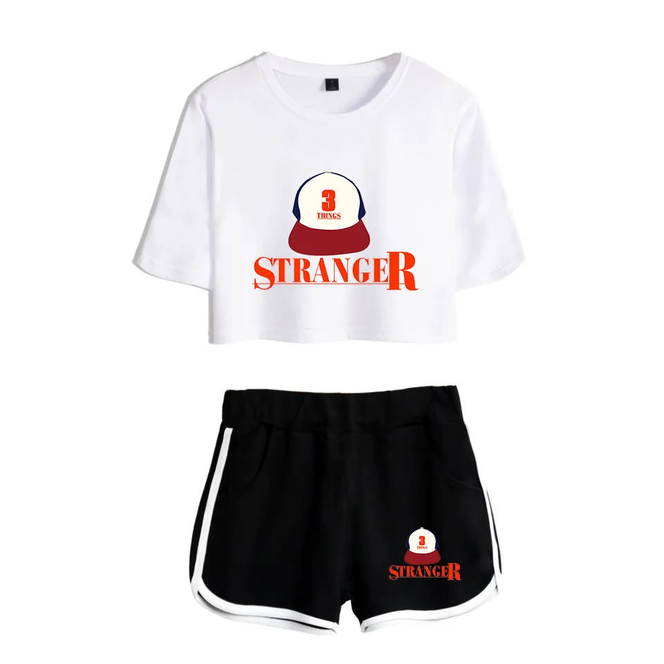 

Women Two Piece Outfits Stranger Things printed 2 Piece Set Crop Top and Short Pants Tracksuit for Women Sets Hip Hop Clothing