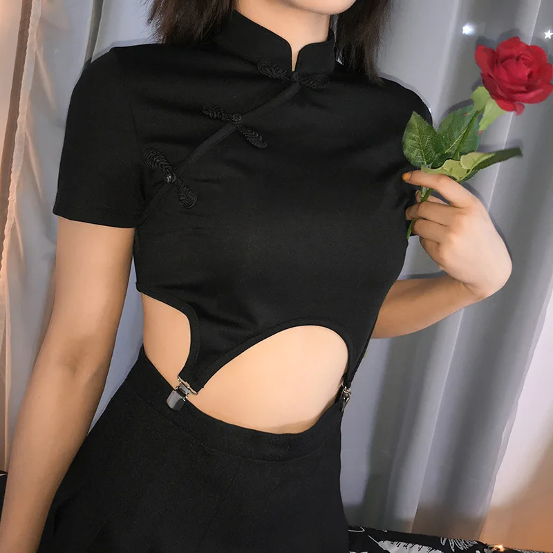 Cheongsam топ летний винтажный панк Рок пластина пряжка тонкий для женщин футболка Короткие топы Сексуальная рубашка уличная черная