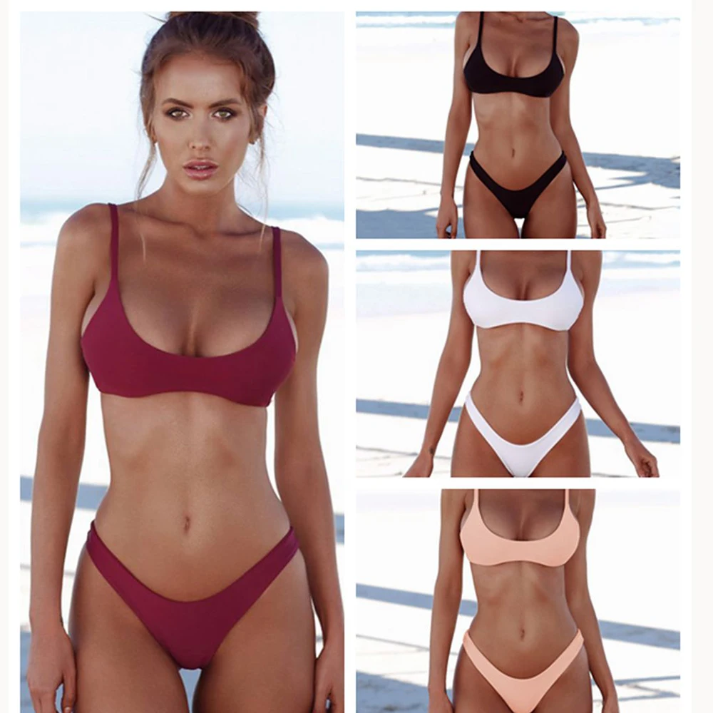 

2019 New Summer Women Solid Bikini Set Push-up UnPadded Bra Swimsuit Swimwear Triangle Bather Suit Swimming Suit biquini