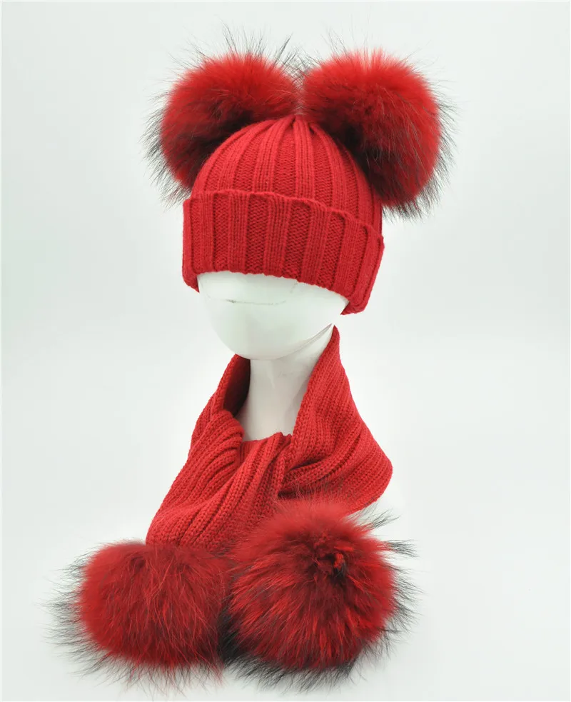 Bonnet et Écharpe Double Pom Pom de fourrure, Bonnets Enfants d'hiver