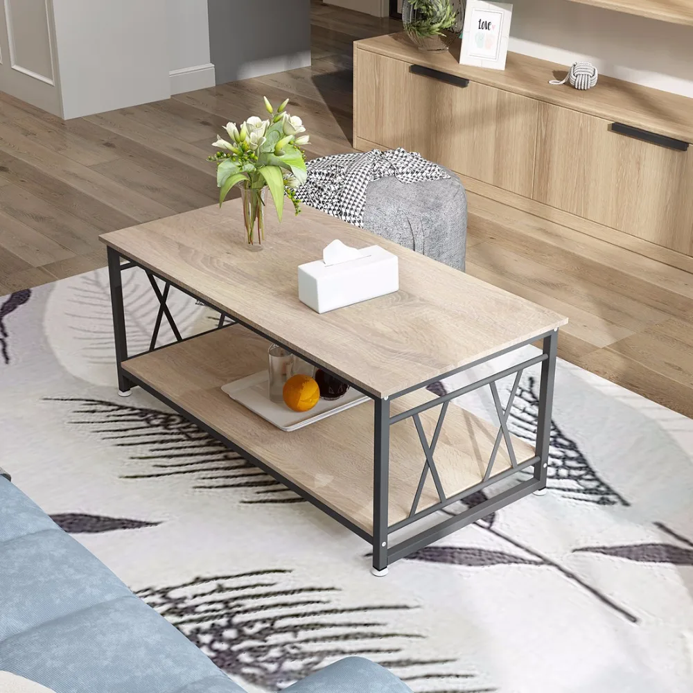 Dewel Coffee Table with Storage Shelf Industrial Modern Rustic 47 inch Coffee Table for Living Room (Light Wood Grain) Dewel Coffee Table with Storage Shelf Industrial Modern Rustic 47 inch Coffee Table for Living Room (Light Wood Grain)