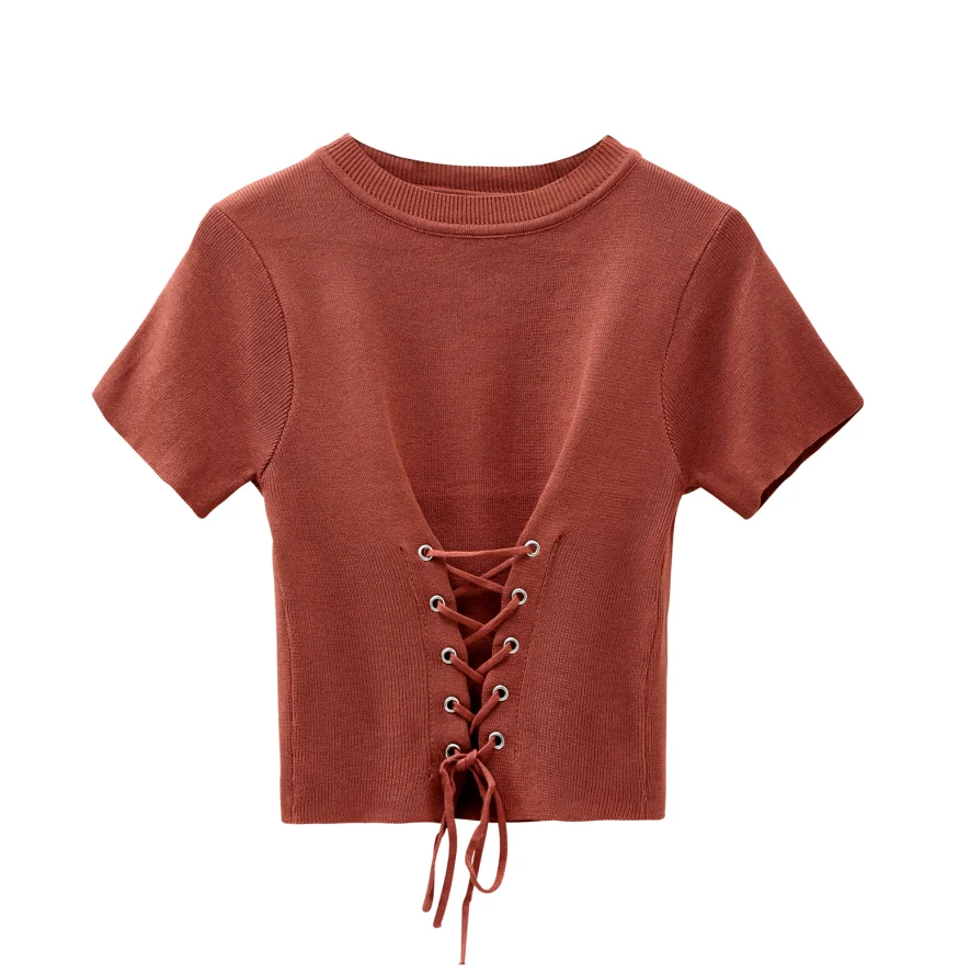 

Women O-neck Knitted Short Sleeve Solid Lace Up Cropped T-shirts Girls Knitting Elastic Tees Crop Tops