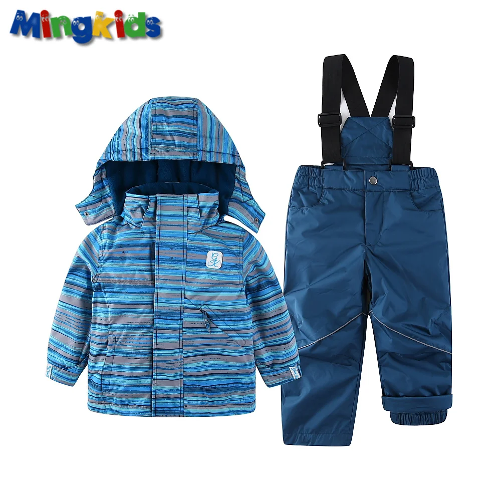 Mingkids nieve de niño ski set primavera otoño invierno al aire libre nieve caliente traje con capucha impermeable a prueba de viento tamaño europeo raya - 1