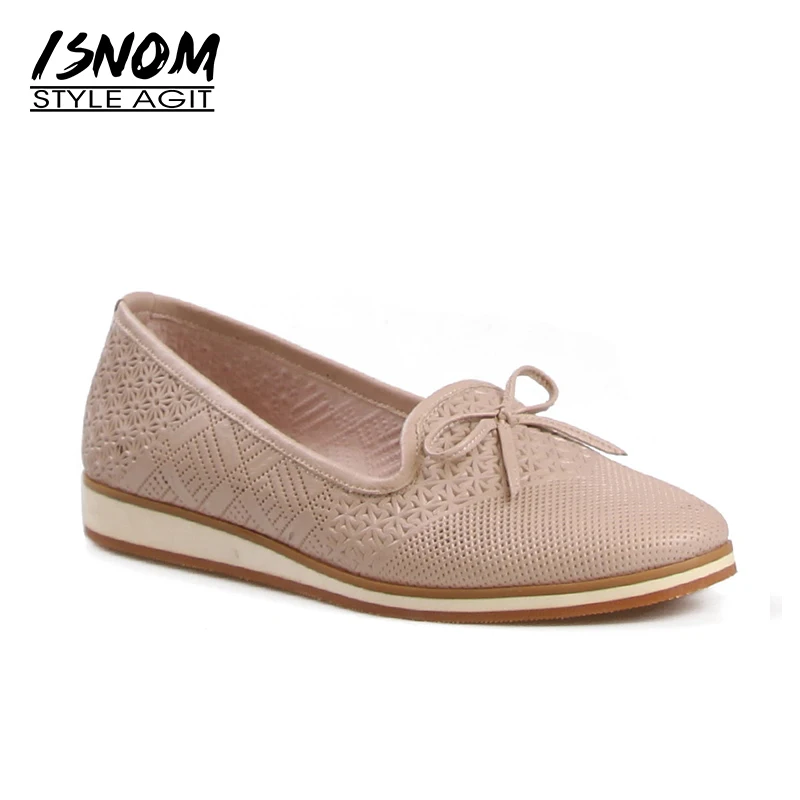 

ISNOM 2018 Genuine Leather Casual Women Flats Butterflt Knot Round Toe Leather Flat Sole Shoes Ladies Footwear Female Shoes