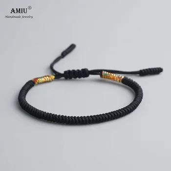 AMIU Tibetan Handmade Buddhist Lucky Bracelets & Bangles For Women Men Black Rope Knots Amulet Gift Tibetan Braided Bracelet