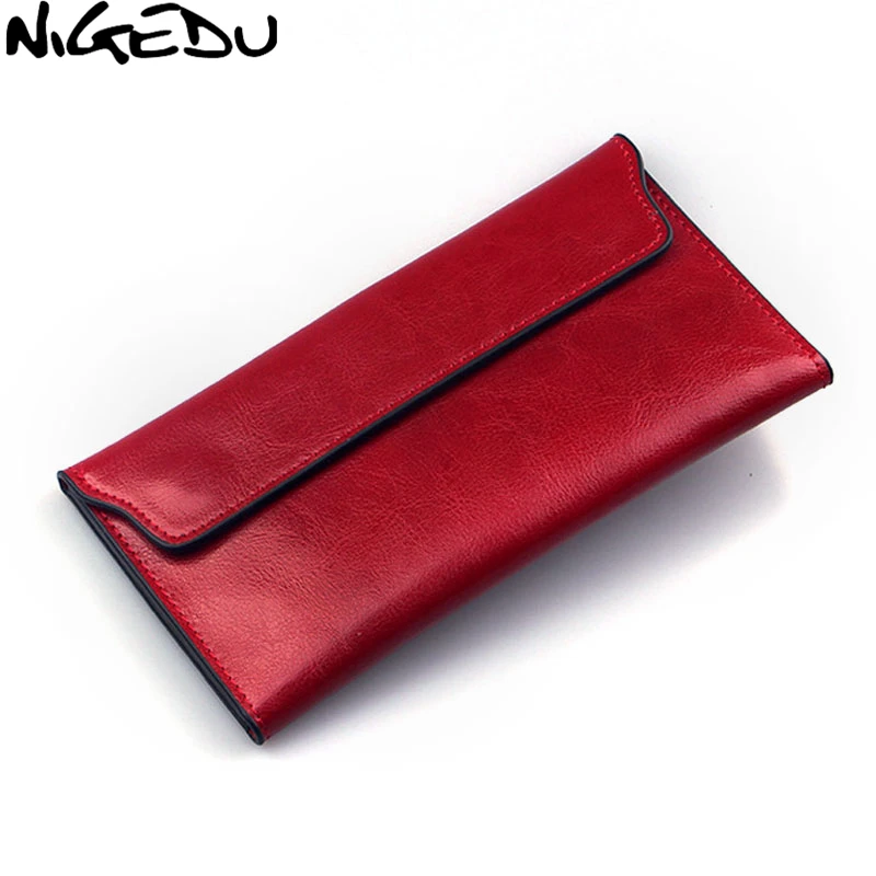  NIGEDU Brand Genuine Leather Women Wallet Long thin Purse Cowhide multiple Cards Holder Clutch bag 