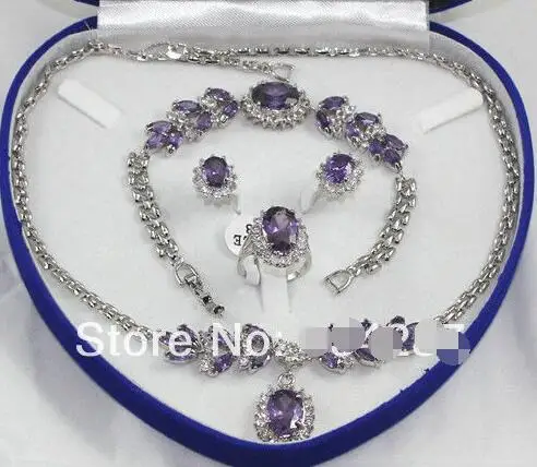

Beautiful Sets Purple crystal Pendant Necklace Bracelet Silver Stud Ring>>> Free shipping