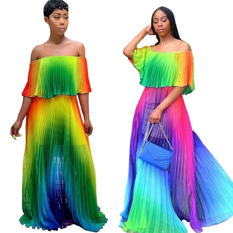 Colorful Rainbow Pleated Long Dress Women Vacation Sexy Off Shoulder Boho Chiffon Maxi Dress Summer Bohemian Beach Holiday Dress