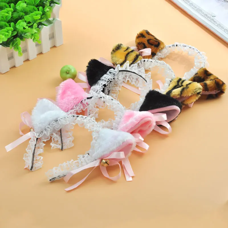 

Lolita Cute Cat Ear Lace Headband with Bell Pink White Black Leopard sexy Cat Ear Cosplay Headwear Anime Cat Girl Costume