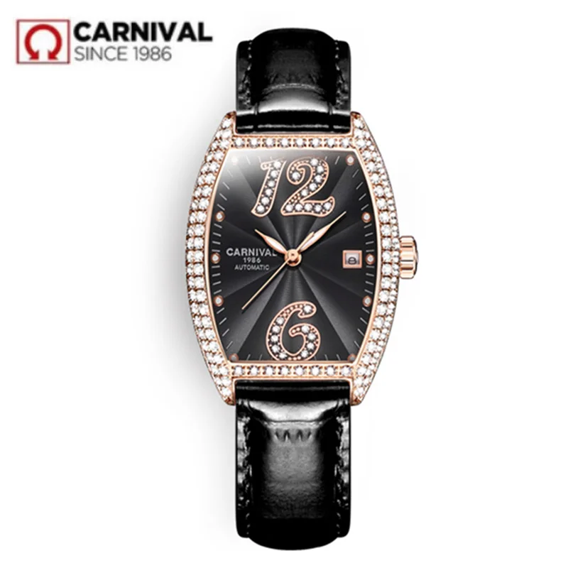 

2019Carnival switzerland automatic mechanical watch women luxury brand leather strap women watches rhinestione clock reloj saati