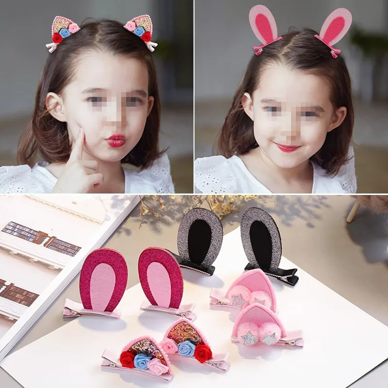 

2pcs/Set Cute Hair Clips For Girls Glitter Rainbow Felt Fabric Flowers Hairpins Cat Ears Bunny Barrettes Kids Hair Accessories