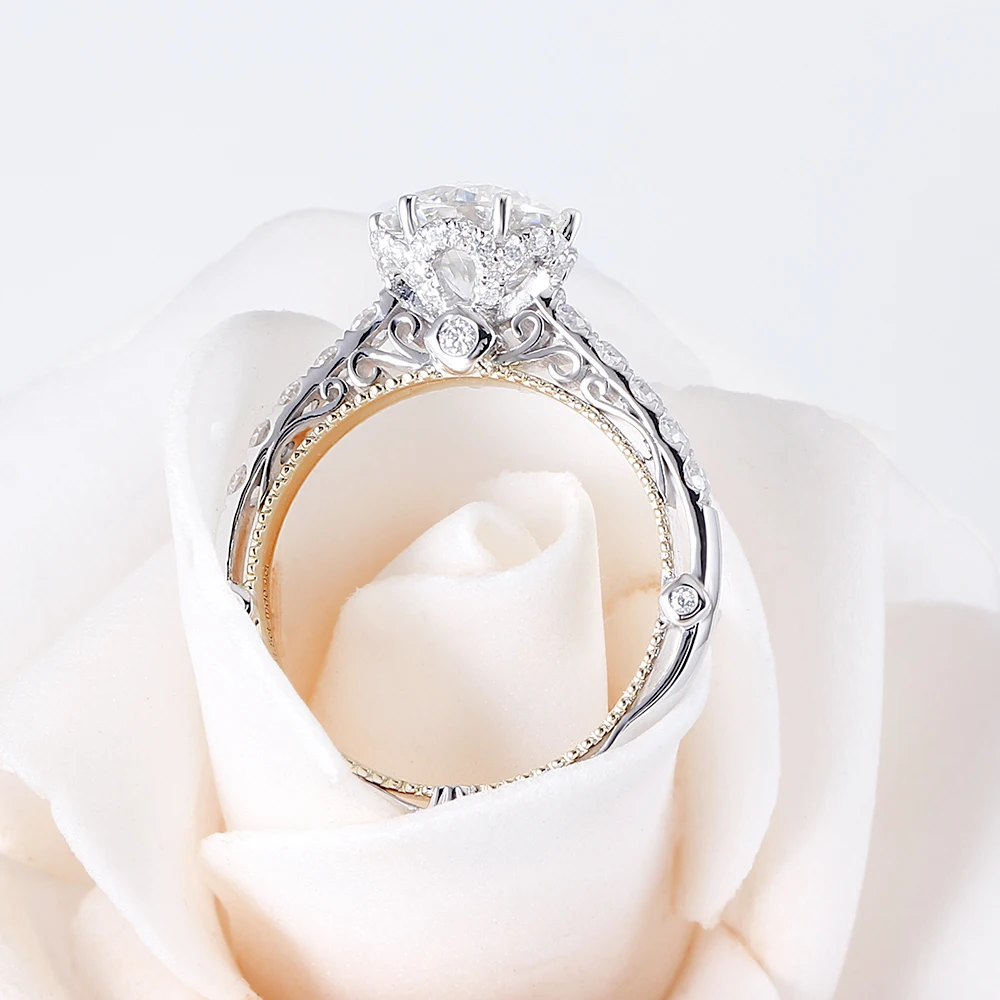Vintage Solid 14K 585 Two Tones Gold Center 1.5ct 7.5mm F Color Moissanite Anniversary Ring 3
