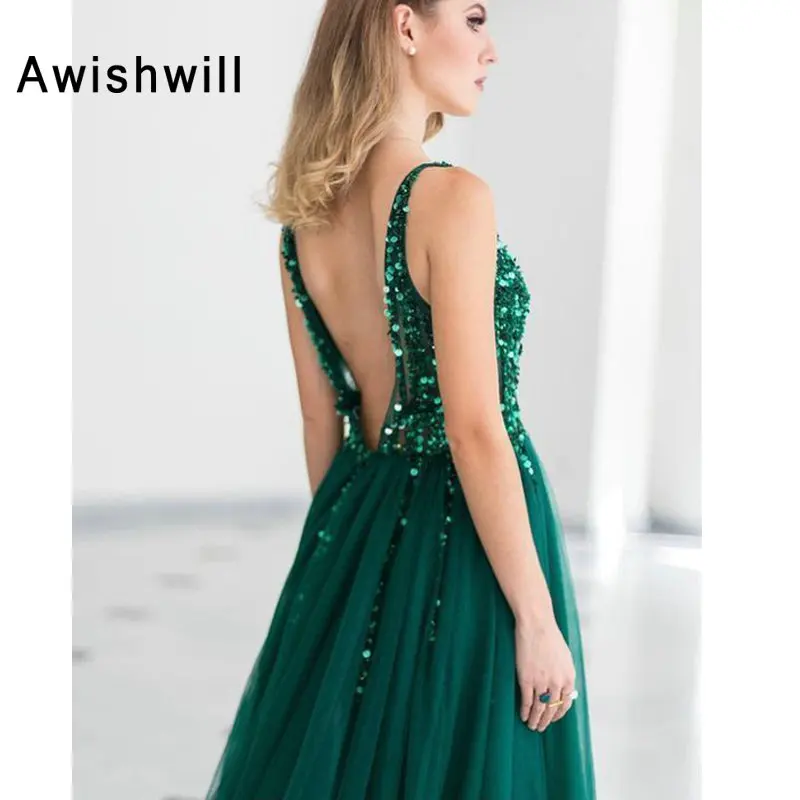 Vestidos de Fiesta de Noche с v-образным вырезом, Блестками, Бисером, тюль, женские вечерние платья изумрудно-зеленого цвета, соблазнительное длинное с открытой спинкой, платья для выпускного вечера