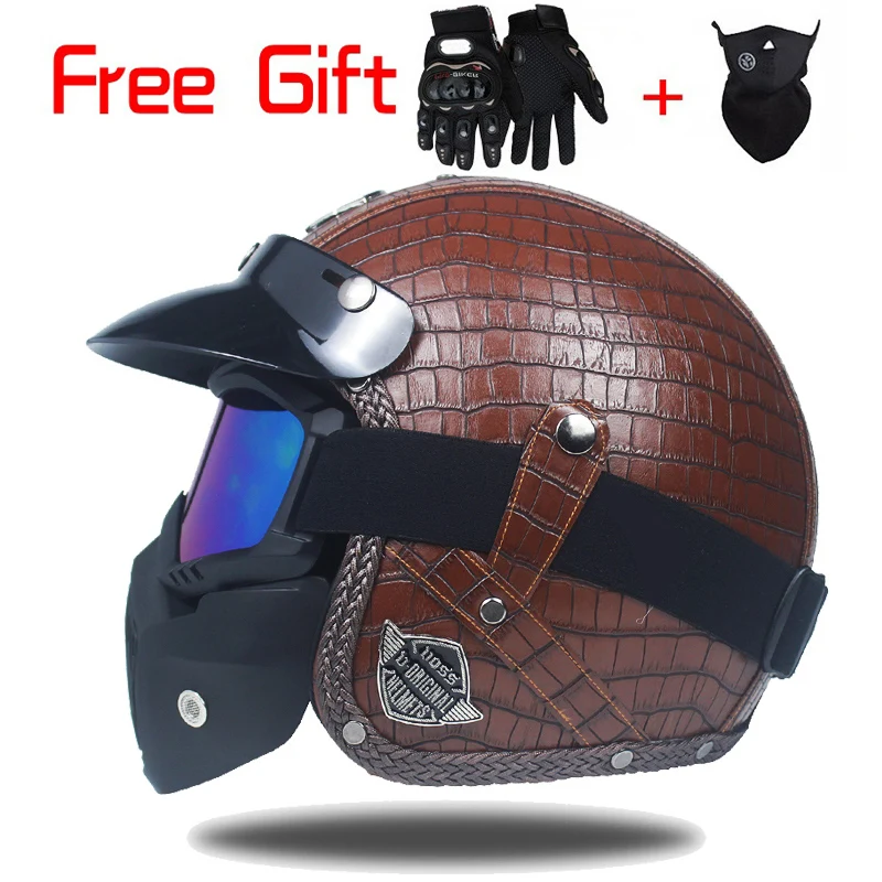 

New Retro Vintage Motorcycle Helmet Chopper Scooter Synthetic Leather 3/4 Open Face Casco Moto Helmet DOT Capacete Mask Glasses
