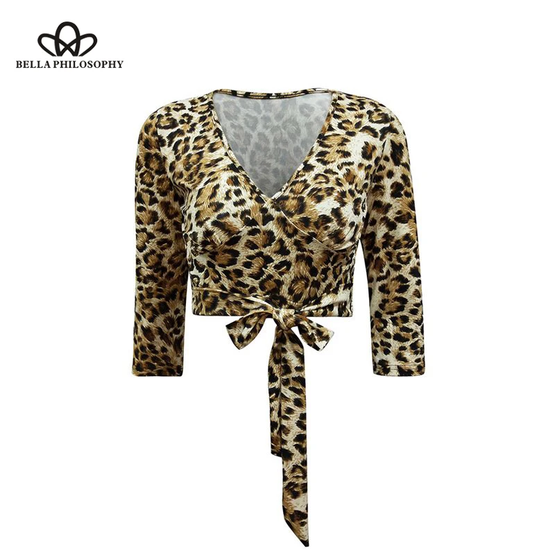 Wonder 2019 new spring Blouse Leopard Print Sexy Casual Slim Shirt Fashion Lace Up Bow V Neck Regular Spring Short Tops S-XL