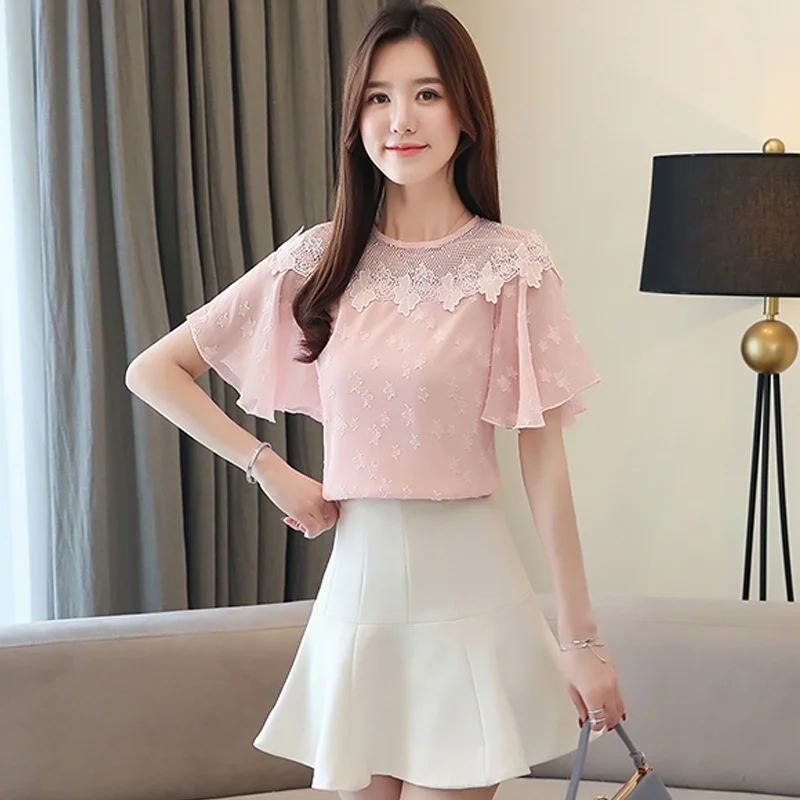 

Women Shirt Short Sleeve Chiffon Blouse Summer Casual Shirt Fashion Mesh Stitching Trumpet Sleeve Shirt Blusas 2019