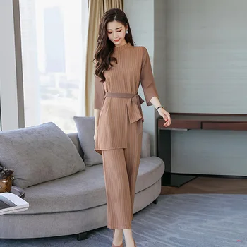 

Large Size Fringes Splicing Chiffon Wide Leg Pants Top&pants Set Office Lady Striped Irregular Chemise 2 Piece Set Pullover