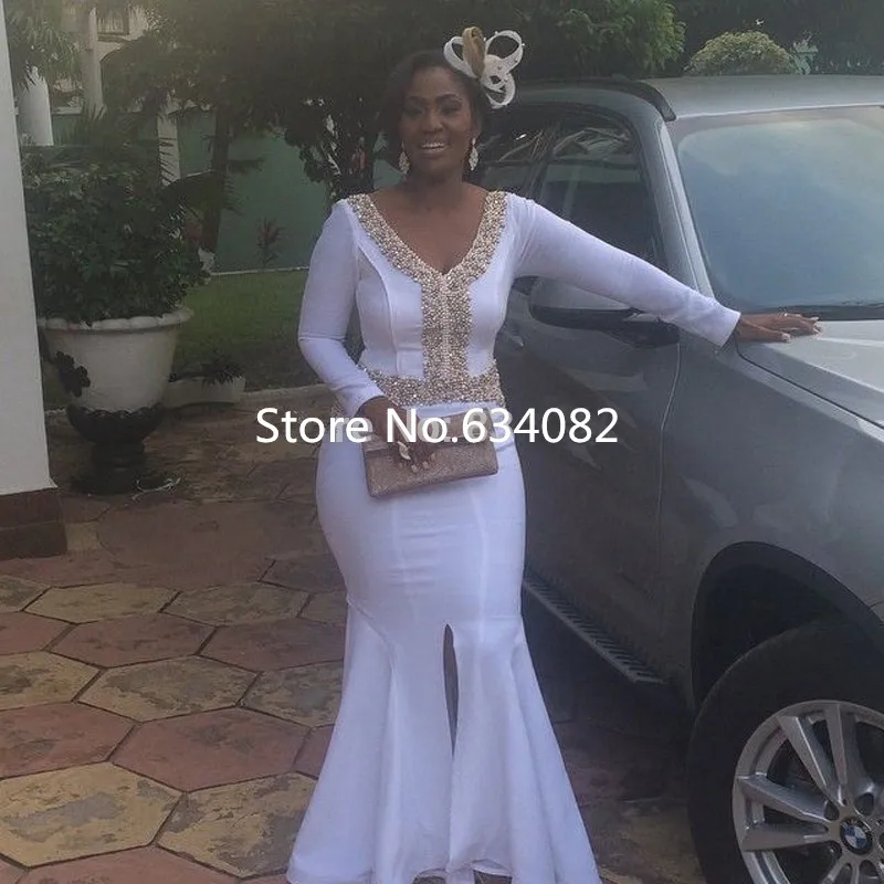 

White Long Sleeves Mermaid Evening Dress 2016 V neck Front Split African Formal Dresses Elegant Evening Gowns with Gold Beading