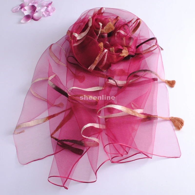 17 цветов двухслойный шелк органза длинный шарф бисер цветы осень зима теплая обертка Этническая Пашмина с кружевной окантовкой