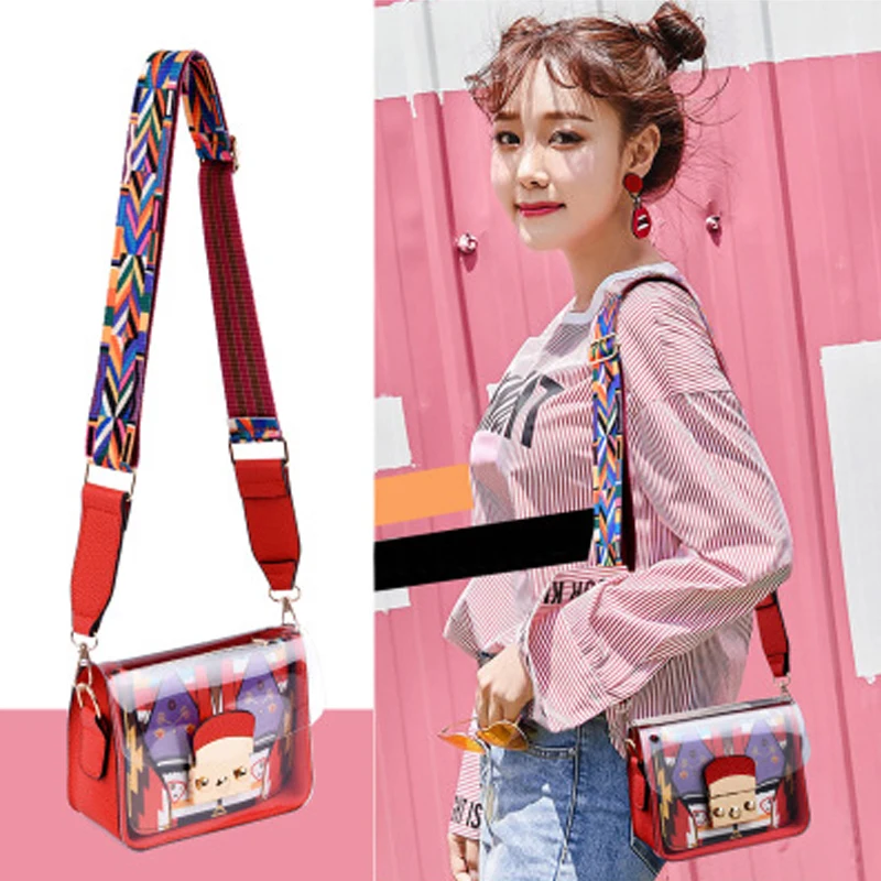 

BENVICHED 2019 summer new style small square bag geometry hit color wide webbing single shoulder bag slanting transparent c015