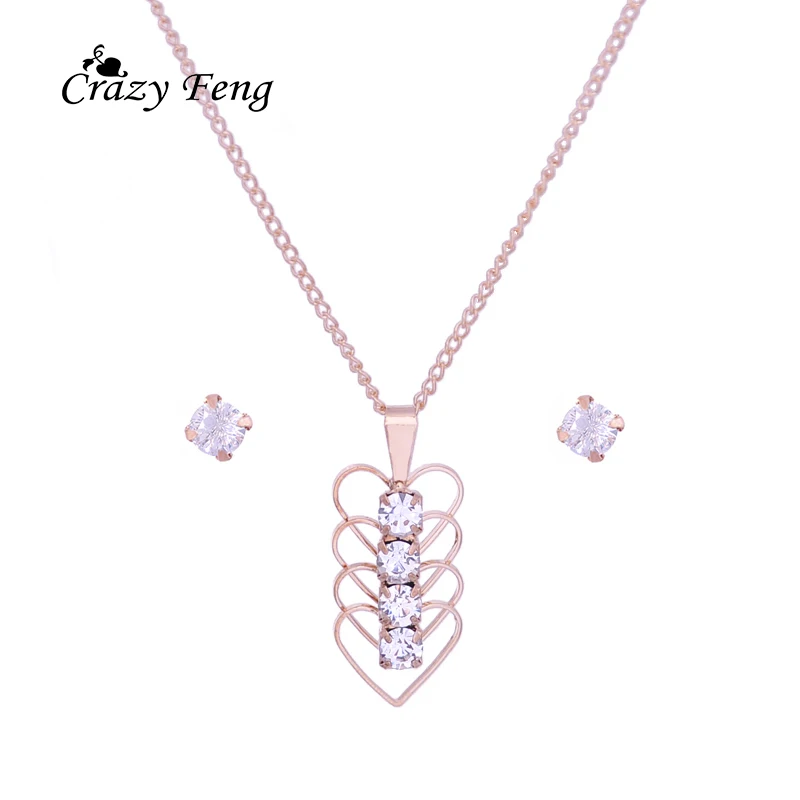 New Arrival Four Heart Jointed Pendant Necklace Earring Set Hot Sale Women Jewelry Set Rose Gold ...