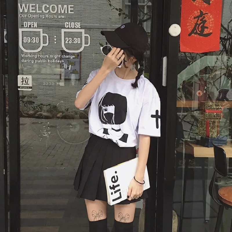 Корейская футболка ulzzang в стиле Харадзюку с коротким рукавом и принтом ретро