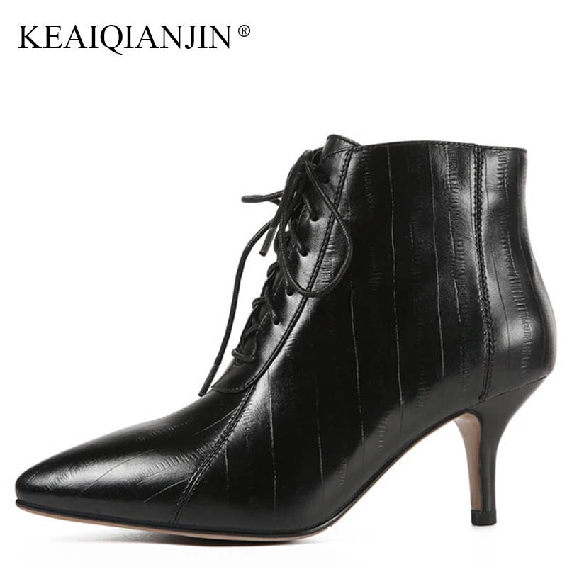 

KEAIQIANJIN Genuine Leather Lace Up Martin Boots Winter Fashion Pointed Toe Chelsea Boots Black Woman Zipper High Heeled Shoes