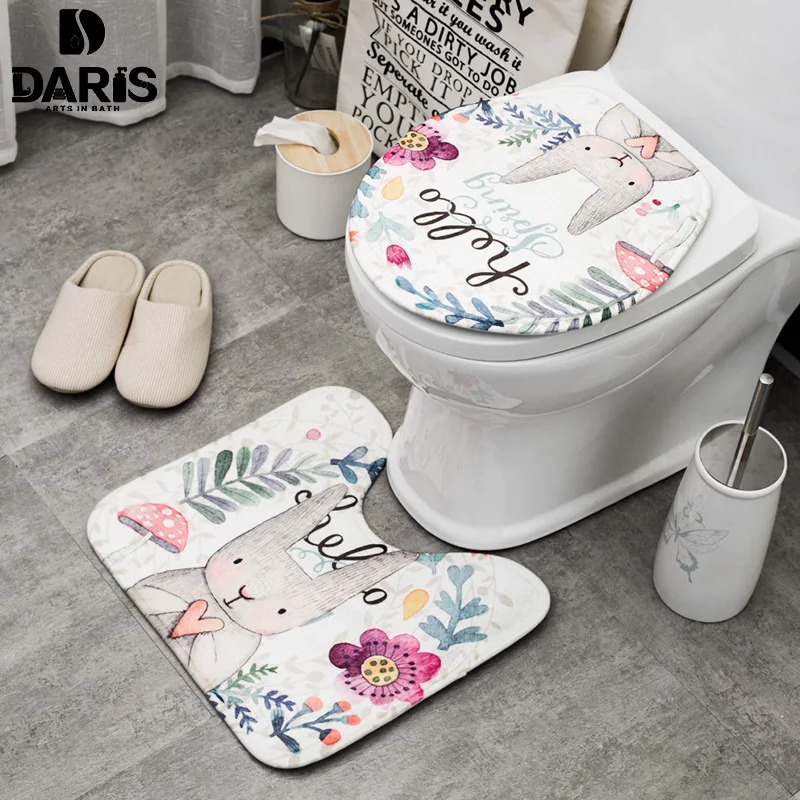 

SDARISB 2pcs Set Cartoon Cute Toilet Bath Mat Rabbit Animal Pattern Bathroom Set Mat Suede Anti-slip Toilet Cover Bath Sets