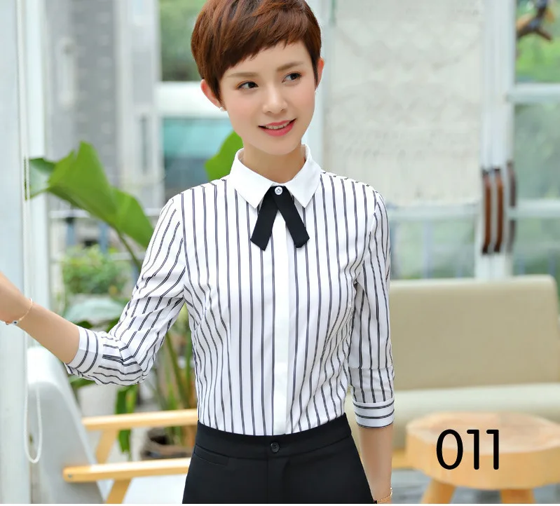 

2018 New Fashion Long Sleeve Tie Bow Formal Casual Women Tops And Blouses Collar Shirt Vintage OL Tops Striped Office Ladies